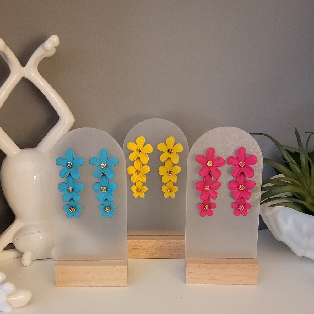 Vibrant Floral Earrings Trio Set Bundle Pink Yellow Blue